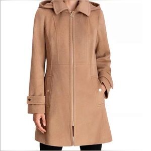 Michael Kors Wool Women's Hooded-Stand Collar Zip-Front Coat Camel Brown Size L